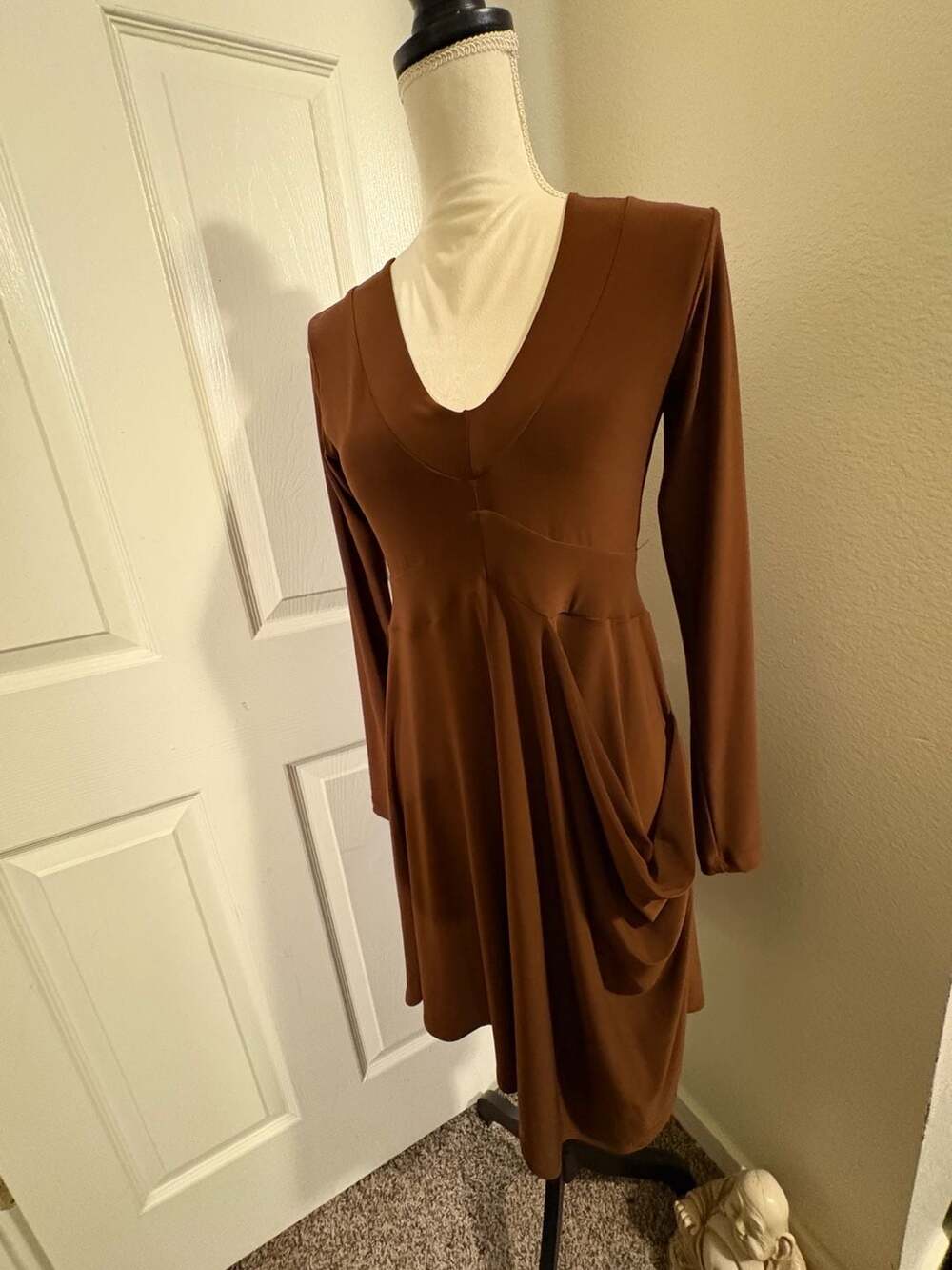 Sympli Long Sleeve Dress Size 4 Brown V-Neck Asymmetrical Draped